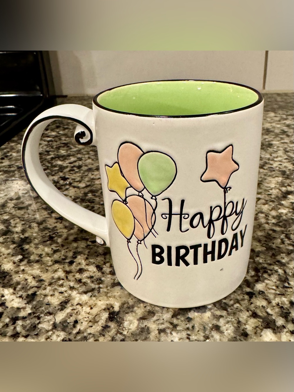 Happy Birthday Ceramic Mug - Pastel Balloon Design (Green Interior)